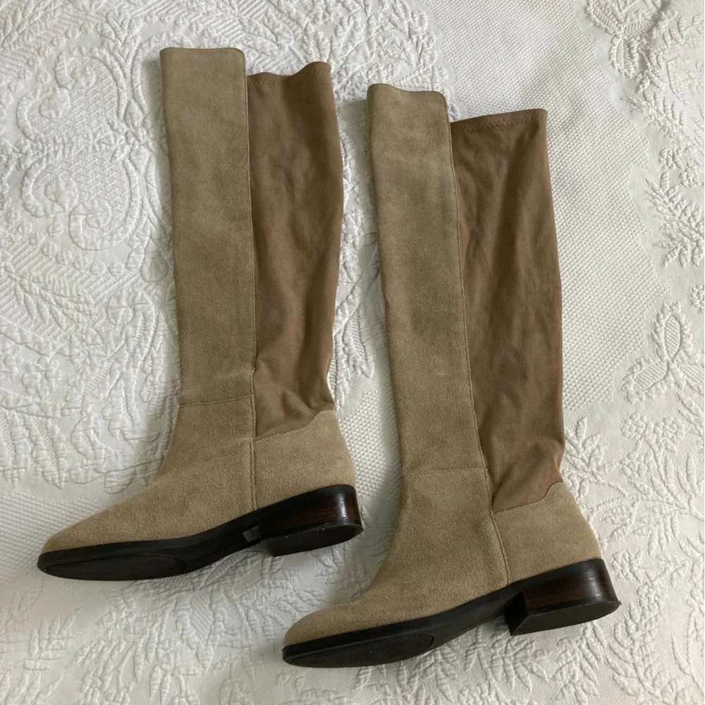 Lucky Brand Calypso Tall Boots Women 8M Suede Leather Beige Minimalist Old Money